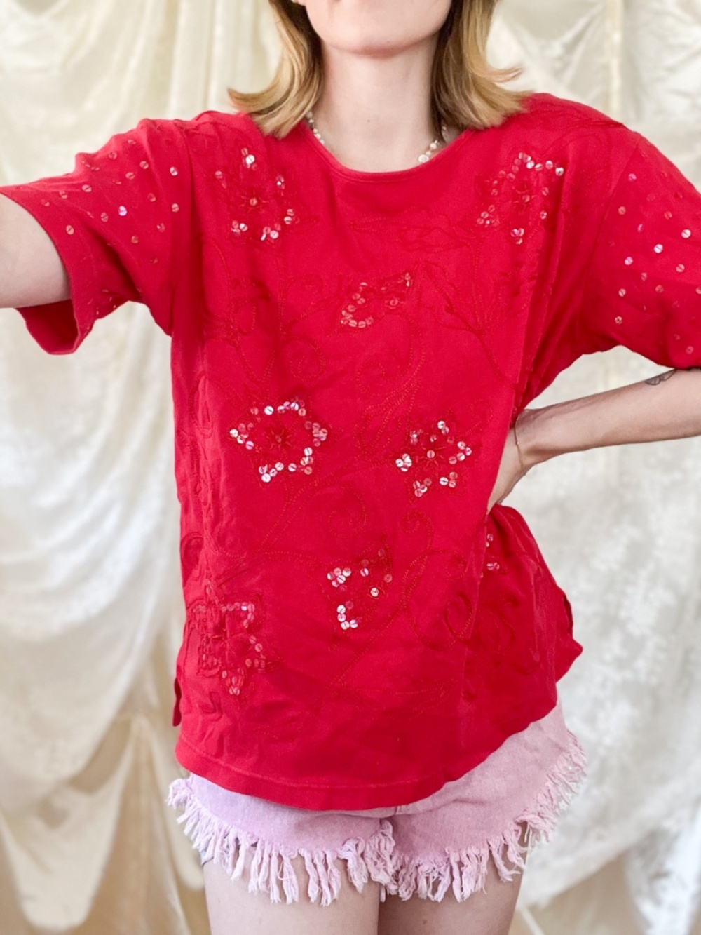 Vintage Red Floral Embroidered Sequin Cotton T-Shirt